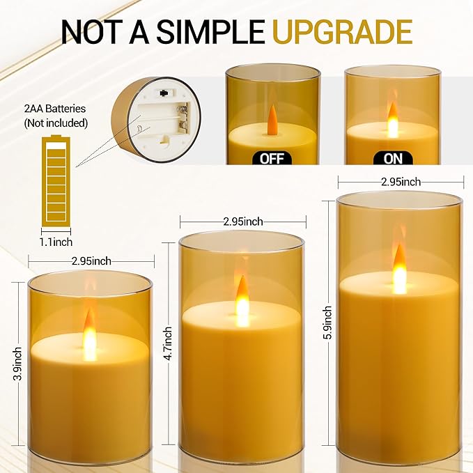 Flameless Candles, LED Candles with Remote Control and Timer, New True Analog 3D Wick Battery-Powered Acrylic Column Candle for Romantic Ambiance and Home Décor, Set of 3 (Gold)
