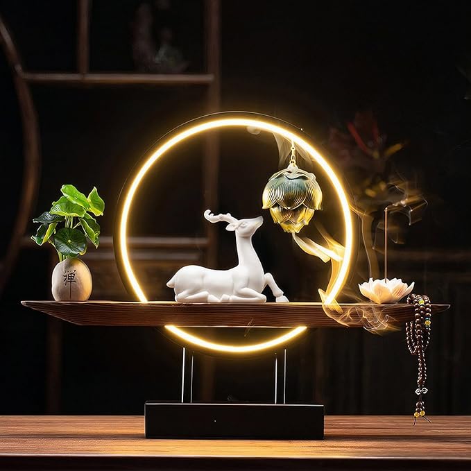 Deer Statue Backflow Incense Burner,Backflow Lotus Heart Incense Burner, Incense Waterfall Fountain Holder,with Adjustable LED Light Ring, USB Powered, Compatible with Cone and Stick Incense