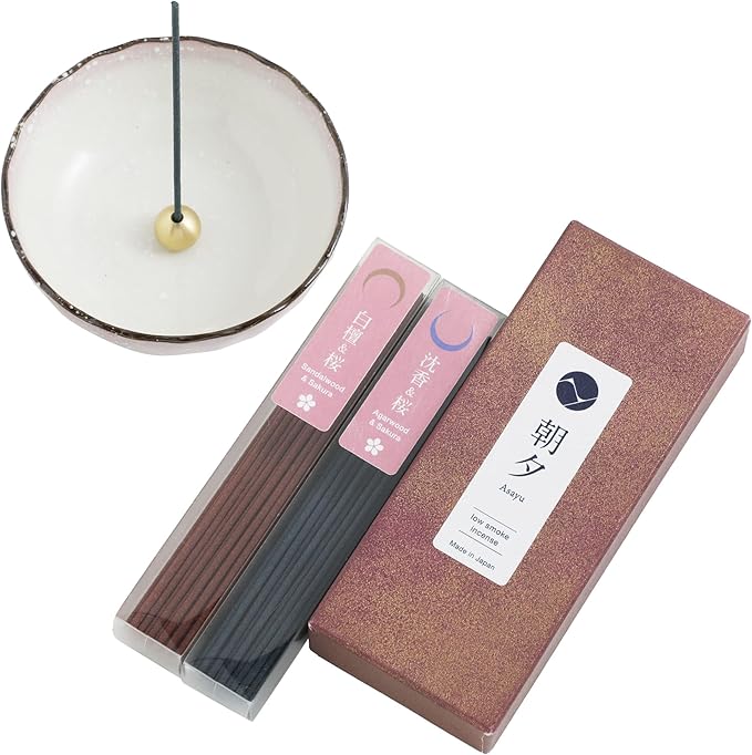 Asayu Japan Low Smoke Incense Gift Set with Incense Holder and Brass Stand, Premium Sakura Cherry Blossom Blends Set Incense Sticks with Pastel Pink Lotus Incense Holder