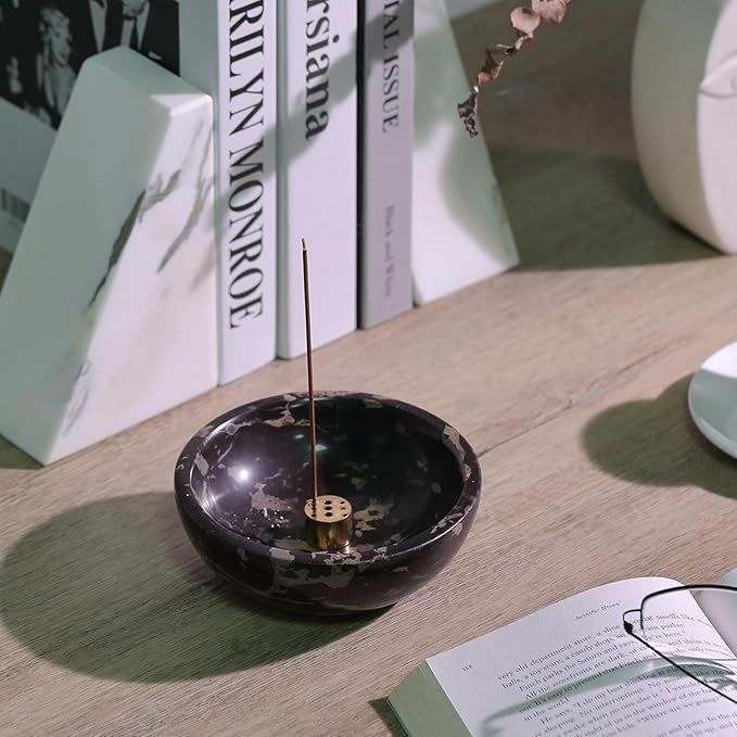 Koville Italian Natural Marble Incense Holder, Incense Holders for Sticks, Sturdy Incense Burner Ash Catcher, Ideal for Meditation, Relaxing, Easy to Clean(Nero Portoro)