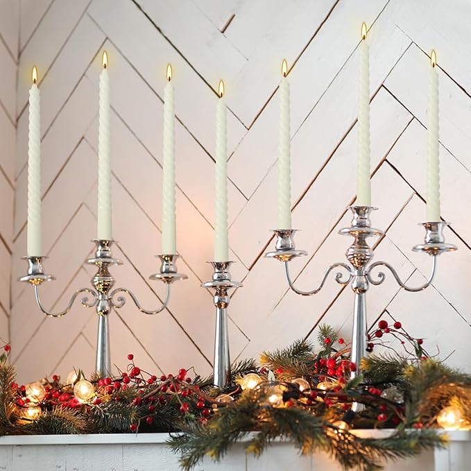 12 Pack 10 inch Ivory Spiral Taper Candles - Dripless, Smokeless, Unscented - 7 Hour Long Burning - Hand Poured Tall Candlesticks - Perfect for Dinner,Party,Wedding and Home Decoration.