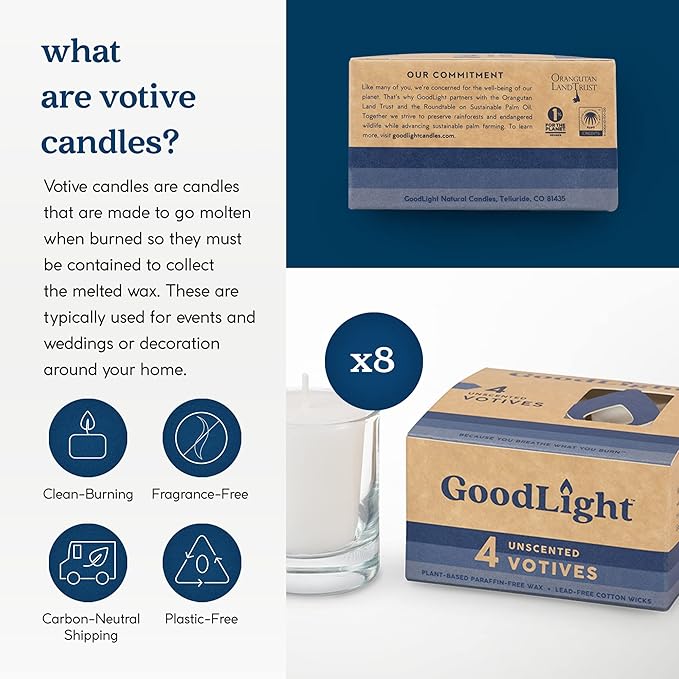 GoodLight Paraffin-Free Votive Candles, Vegan Palm Wax, Clean-Burning and All-Natural Votive White Candles | 15-Hour Burn Time (32 Unscented Votive Candles)