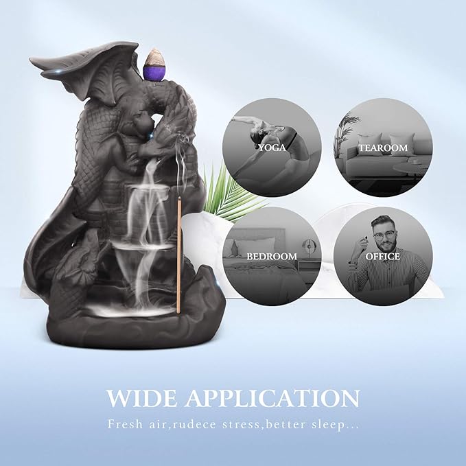 Ceramic Dragon Backflow Incense Holder Waterfall Incense Burner, Smoke Incense Holder, with 70 Backflow Incense Cones + 50 Incense Stick, 1 Mat, 1 Tweezers Home Decor (Brown-Light Dragon)