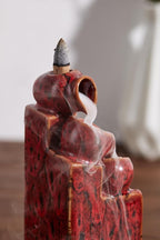 Unique Cascading Basins Ceramic Waterfall Incense Holder, Paired with a Pack of Backflow Incense Cones. (Fambe Red)