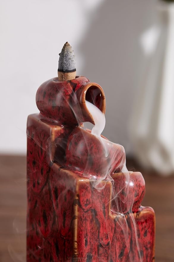Unique Cascading Basins Ceramic Waterfall Incense Holder, Paired with a Pack of Backflow Incense Cones. (Fambe Red)