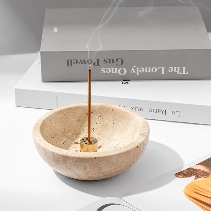 WORHE Travertine Incense Holder, Natural Marble Incense Holder for Sticks with 9 Incense Holes, Handmade Incense Stick Burner Reflux Burner Ideal for Meditation Yoga Spa Room Decor Beige (WH085)