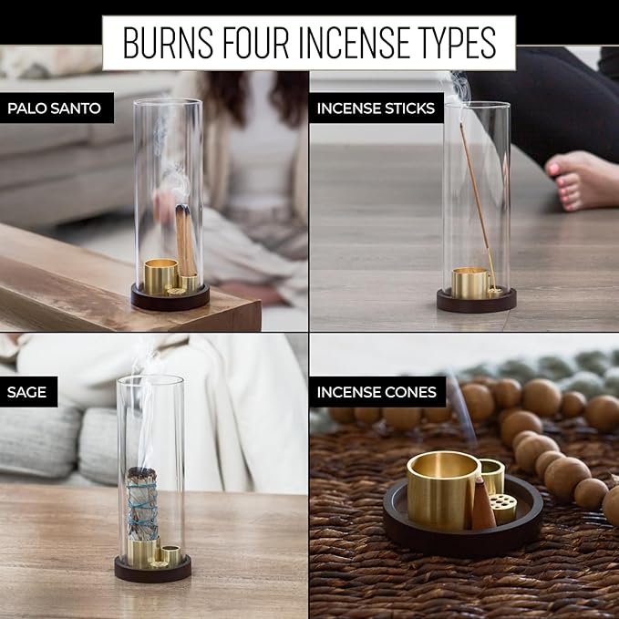 4 in 1 Wood Incense Burner with Glass Ash Catcher, Incense Holder for Sticks, Palo Santo, Sage and Cones - Wood Ash Catcher Tray for Meditation Yoga Room Home Decor