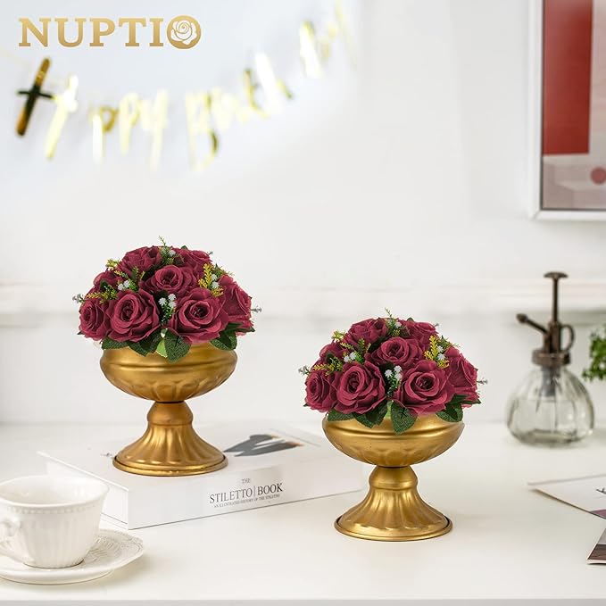 NUPTIO Flower Ball Arrangement Bouquet - 2 Pcs 9.5 inch Diameter Crimson Fake Flowers Roses Balls for Centerpieces Tables - Artificial Rose Arrangements for Wedding Centerpiece Table Decorations