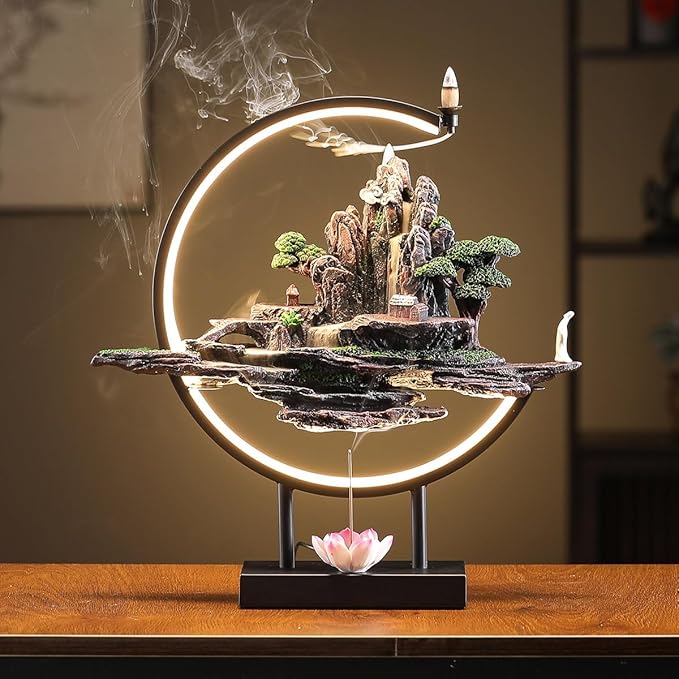 Backflow Incense Waterfall Fountain Burner with Adjustable LED Light Ring,Resin Rockery Landscape Ornament insence-Stick Holder,Compatible with Cone and Stick Incense (Grayish Green)