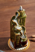 Unique Cascading Basins Ceramic Waterfall Incense Holder, Paired with a Pack of Backflow Incense Cones. (Fambe Green)
