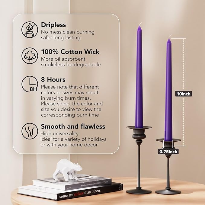 New Burning Formula Unscented Dripless 10-Inch Taper Candles Set of 12 - Purple, for Wedding, Dinner - Smokeless, Long Burning - Hand Poured, Colored Tall Candlesticks - Púrpura