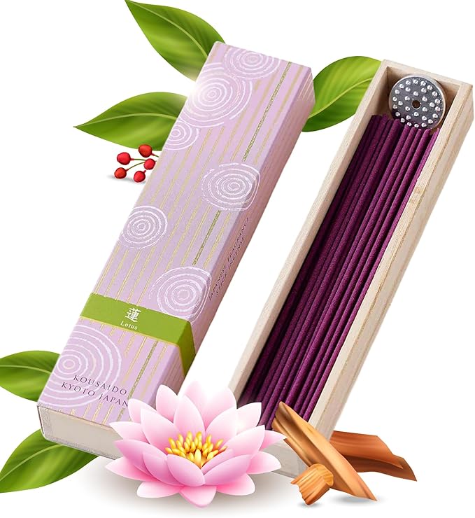 Hasegawa Hyakurakuko Premium Japanese Sandalwood Incense - Long Type, 40 Sticks with Aluminum Holder, 20-30 Min Burn Time, Made in Japan 線香 百楽香 (Lotus)