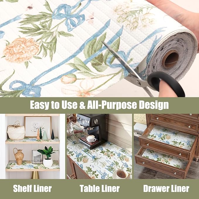 Drawer and Shelf Liner for Kitchen Cabinets Non Adhesive Cabinet Liners Floral Shelf Liners Strong Grip Non-Slip Drawer Liner Waterproof Easy to Clean Cupboard Shelves Dresser Liner 15.7IN x 10FT