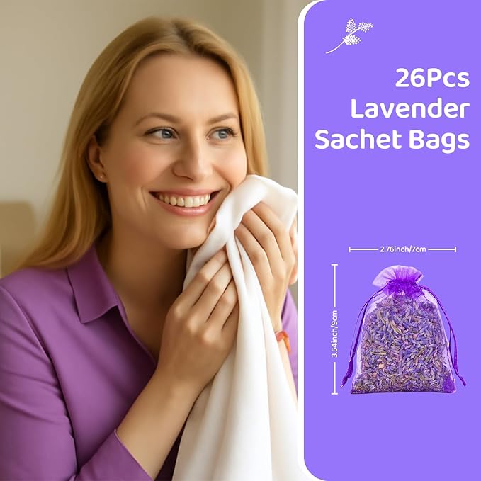 26 Pack Lavender Sachet Bags - Home Fragrance Sachets, Natural Lavender Flowers, Dried French Lavenders Perfect for Wardrobe, Drawers, Closet, Storage