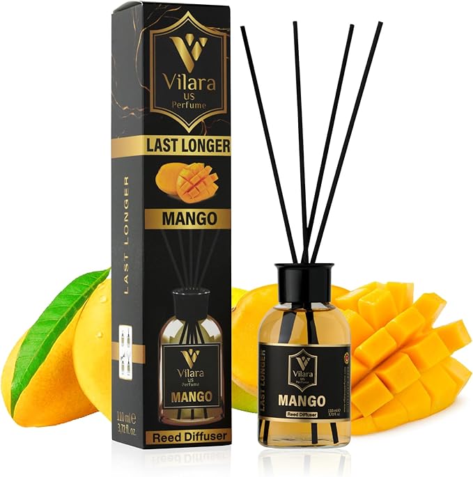 Mango Reed Diffuser Sticks and Bottle - Tropical-Scented Reed Diffusers for Home, Bathroom, Bedroom, Office - Luxury Home Fragrance Products & Decor - Long-Lasting Scent - 3.72 fl oz
