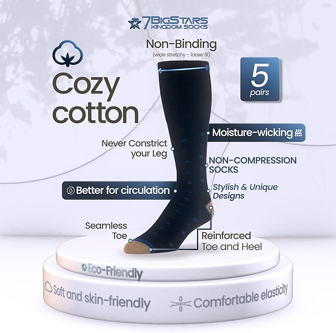 7BigStars Kingdom Men's Diabetic Cotton Mid Calf Socks - 5 Pack XLarge - Stripe Pattern - Sock Size 13-15 Shoe Size 12-15 XL Dark Navy, Navy, Burgundy, Olive Green, Beige