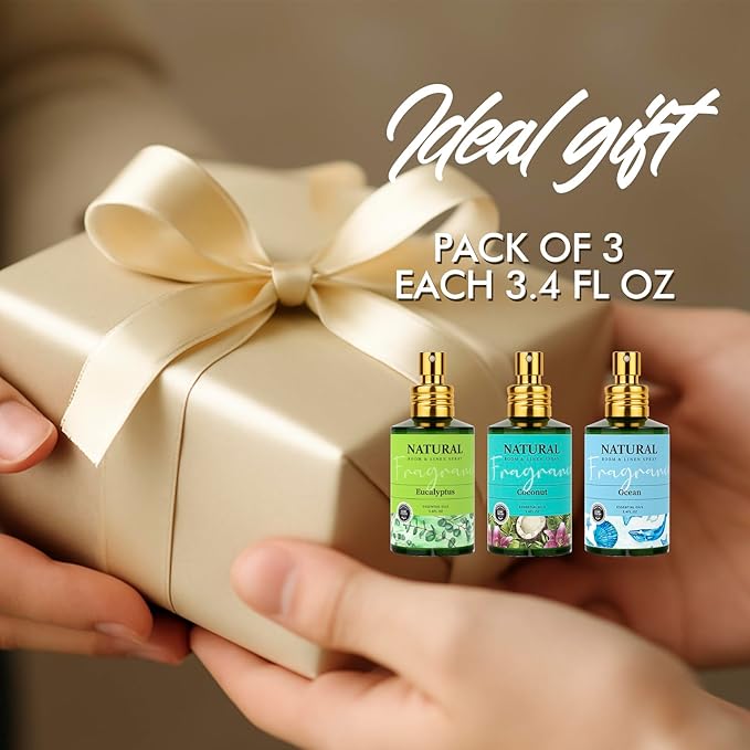 Fragrant Room Spray 3 Pack, Natural Essential Oil Air Freshener Spray for Home Bathroom and Kitchen, Eucalyptus, Ocean, Coconut Concentrated Room Spray