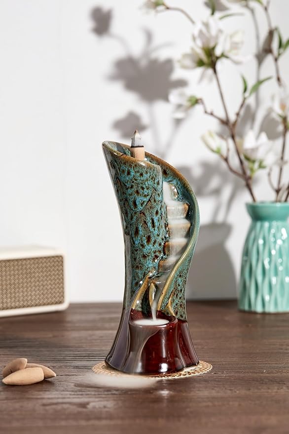 Unique Cloud Stairs Ceramic Waterfall Incense Holder, Paired with a Pack of Backflow Incense Cones. (Fambe Blue)