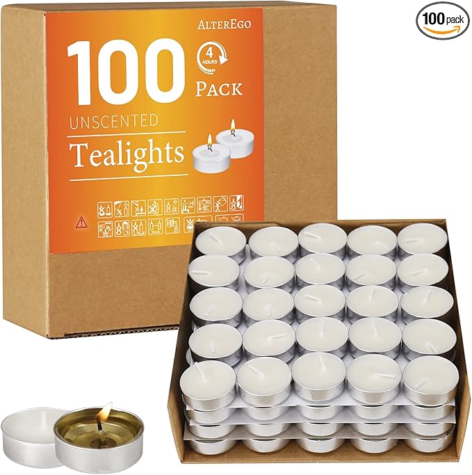AlterEgo Unscented Tea Lights - 100 Pack Tealight Candles - 4+ Hour Burn Time - Clean-Burning White Palm Votive Smokeless Tealights Candles for Home, Shabbat & Anniversaries (100Pack)