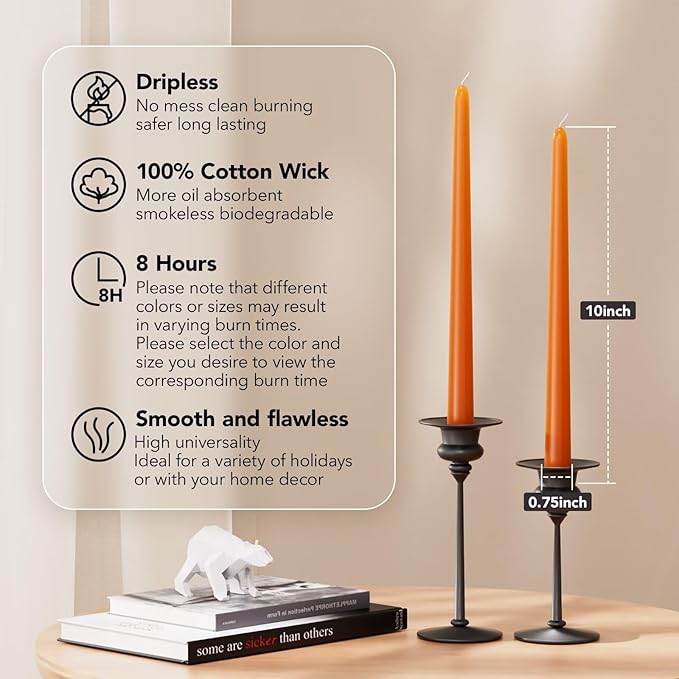 New Burning Formula Unscented Dripless 10-Inch Taper Candles Set of 12 - Burnt Orange, for Wedding, Dinner - Smokeless, Long Burning - Hand Poured, Colored Tall Candlesticks - Naranja Quemado