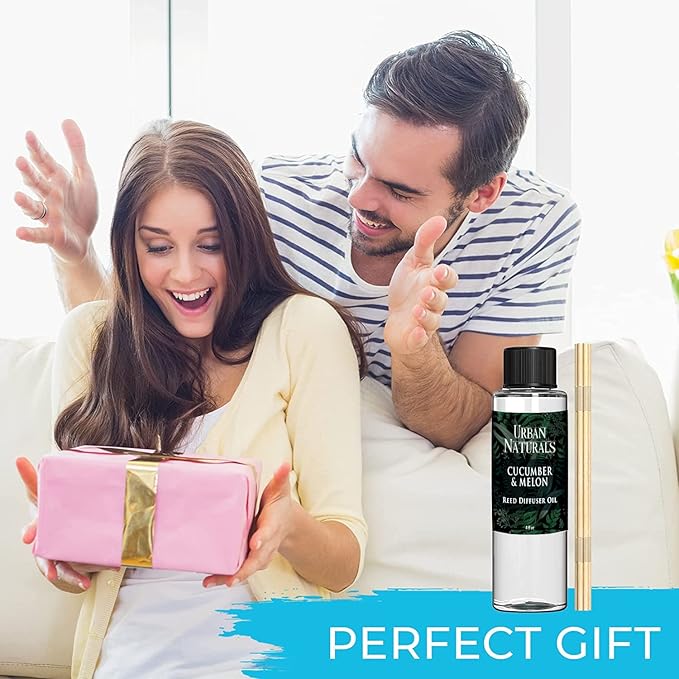 Urban Naturals Reed Diffuser Oil Refill Cucumber Melon, Crisp Cucumber, Juicy Melon, Refreshing Summer Scent, 4 oz + Free Reed Sticks, Made in The USA