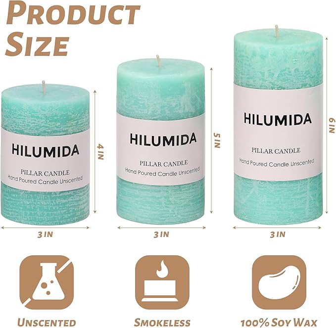 Turquoise Pillar Candles Set of 3 - Hand-Poured Unscented Candles,Smokeless Dripless Candles for Dinner Table and Home, Set of 3 in Different Sizes (3"x4", 3"x5", 3"x6")