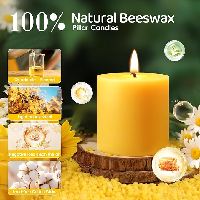2x2 in Beeswax Pillar Candle- 6pcs, 120-Hour Burn Time Beeswax Candles, Natural Honey Scent, Bees Wax Candles for Meditation, No Odor, Burning Releases Negative Ions to Purify The Air