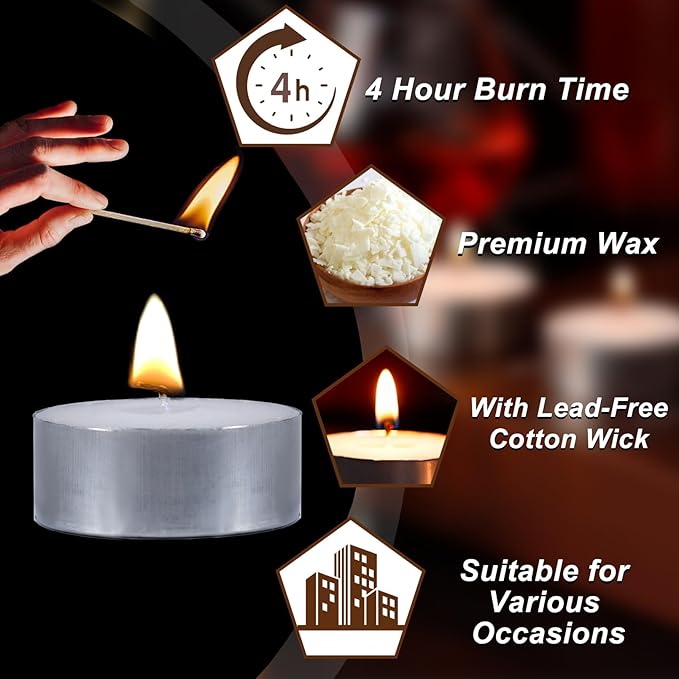100 Pack Tealight Candles Bulk, 4 Hours Long Burning Tea Lights, White TeaLight Candles, Unscented Smokeless Tea Light Candle for Home Shabbat Weddings Party