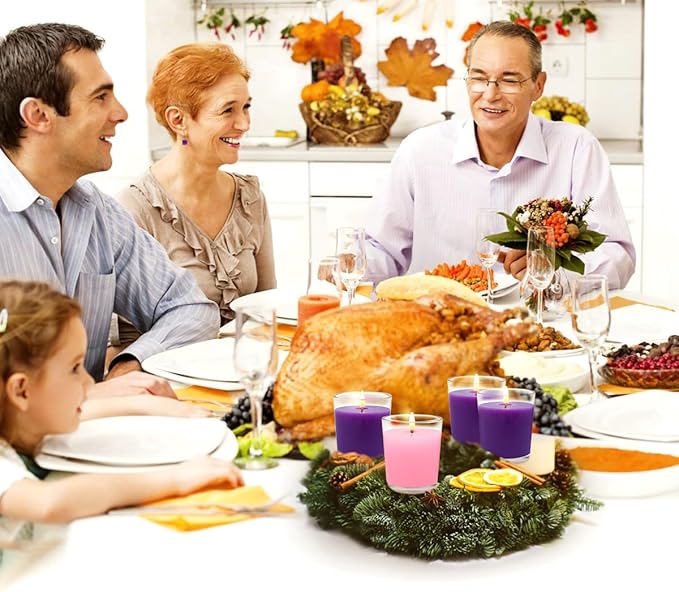 20 Packs Advent Candles with Clear Glass Holder, 15 Purple and 5 Pink Votive Candles, Unscented Seasonal Celebration Candles for Christmas Table Decoration