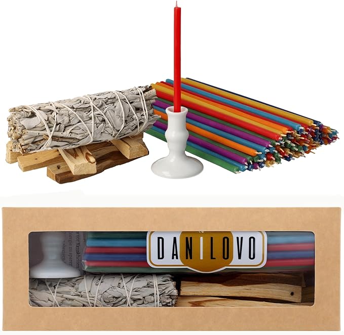 Danilovo Smudging Kit – 5 Palo Santo Sticks, 1 White Sage Smudge Stick, 50 Chakra Colors Beeswax Taper Candles & Ceramic Candle Holder Set for Meditation, Cleansing, and Spiritual Practices