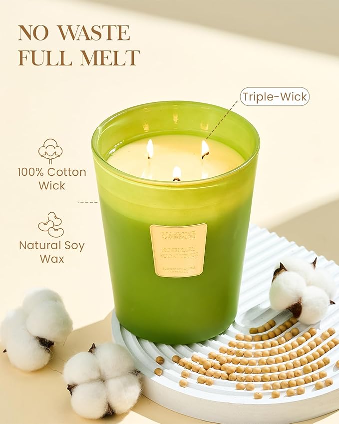 M&SENSE Rosemary Eucalyptus Scented Candle 35oz 150H Burn Time Long Lasting, 3-Wick Natural Aromatherapy Candle Highly Scented, Home Fragrance Housewarming Gifts