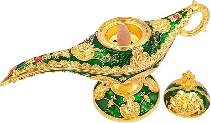 Aladdin Lamp Incense Holder Vintage Magic Genie Lamp Cone Incense Burners Legend Wishing Light for Home Decor Birthday Gift Party Green