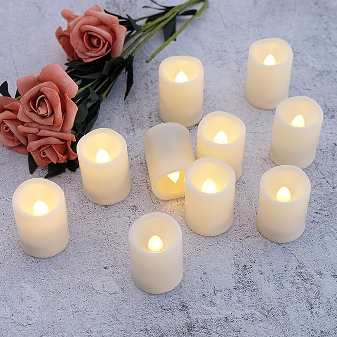 Eldnacele Flameless Flickering Votive Battery Operated Tealight Candles with Remote Control, Warm White Light Realistic Outdoor LED Candles Bulk Set of 6 for Parties Decoration(Batteries Included)
