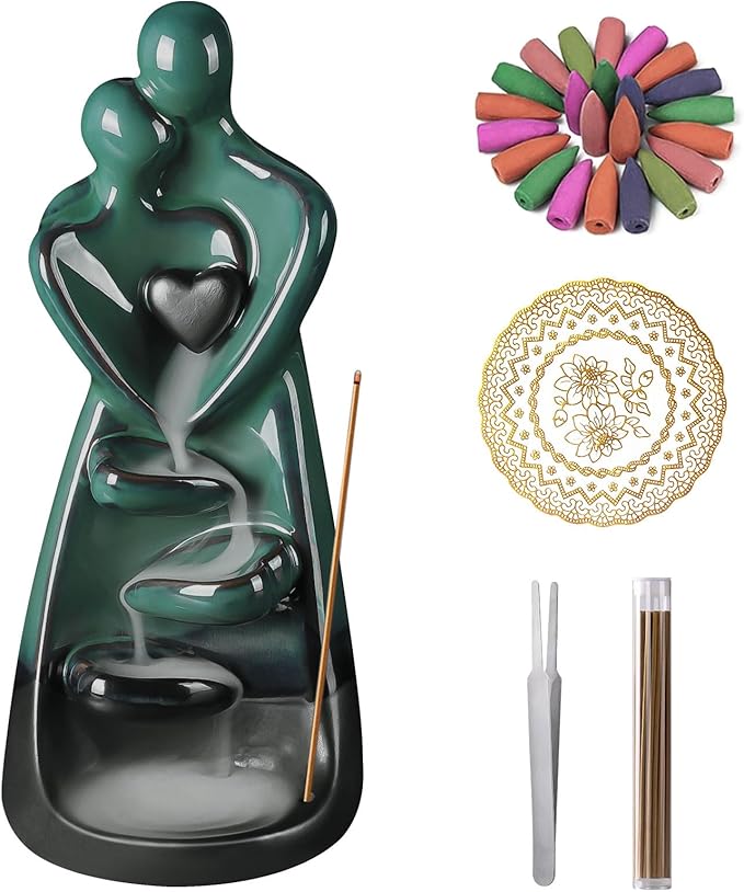 Ceramic Incense Burner, Waterfall Lovers Incense Holder with 30 Incense Sticks 20 Incense Cones, Creative Incense Waterfall Ornament, Backflow Incense Burner Holder, Zen Garden Meditation Home Decor