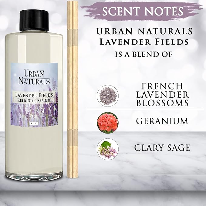 Urban Naturals Reed Diffuser Oil Refill Lavender Fields with Geranium, Clary Sage, Soft Florals 8 oz + Free Reed Sticks, Made in The USA