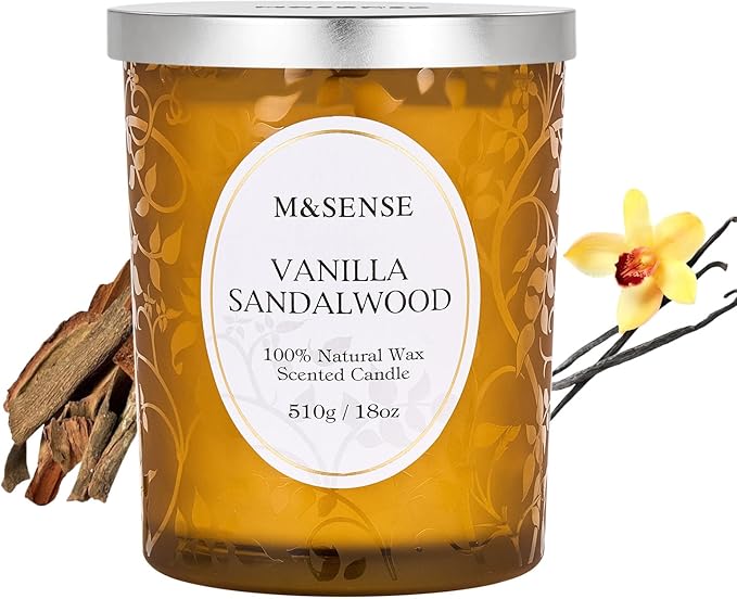 M&SENSE Vanilla Sandalwood Candle, Wooden Wick Strong Scented Candle,100 Hours Slow Burning No Toxin Natural Soy Wax 18oz, Stress Relief Aromatherapy Home Fragrance with Lid, House Warming Gift