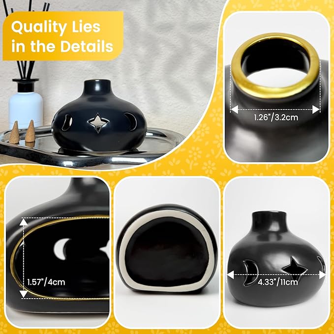 Ceramic Incense Holder Set-Handcrafted Palo Santo&Sage Cone Burner with Holes, Smudge Bowl for Meditation&Yoga-Palo Santo Holder with Brush&Tweezer-Home Decor for Relaxation, Black