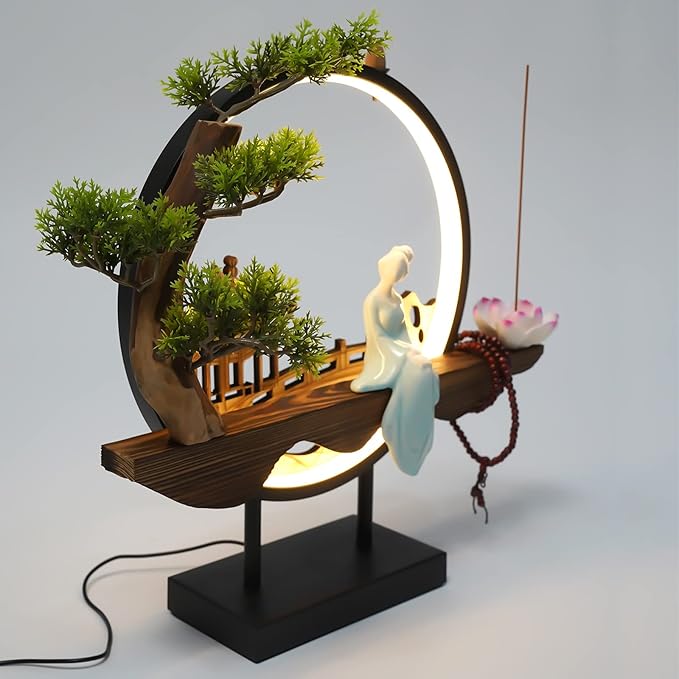 Backflow Incense Holder with LED Light and Pines, Ceramic Lady Chinese Style Backflow Incense Burner Perfect for Relaxing or Home Decor