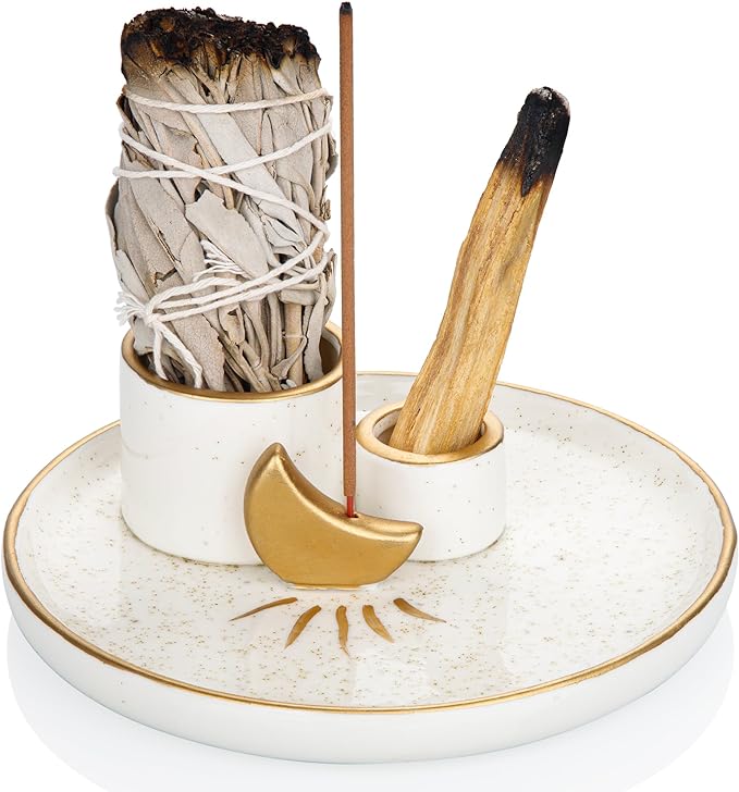 ZenBless Multifunction Incense and Candle Holder for Burning Sage, Palo Santo, Incense Sticks - 5.9" Ceramic Ash Catcher Tray for Meditation Room Home Decor (Gold)