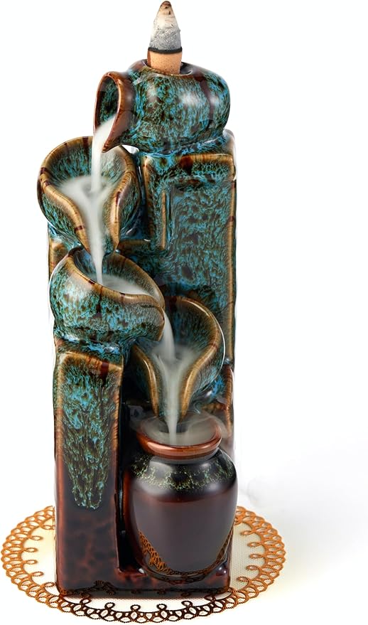 Unique Cascading Basins Ceramic Waterfall Incense Holder, Paired with a Pack of Backflow Incense Cones. (Fambe Blue)