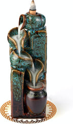 Unique Cascading Basins Ceramic Waterfall Incense Holder, Paired with a Pack of Backflow Incense Cones. (Fambe Blue)