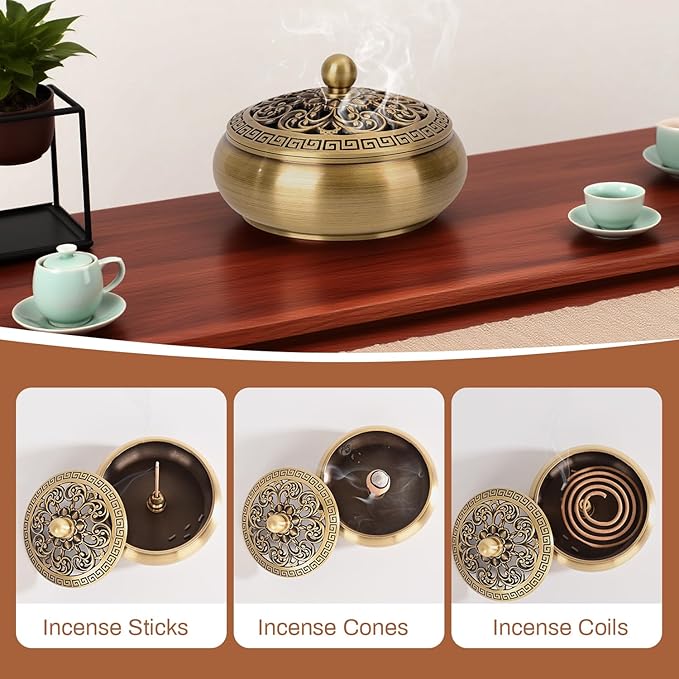 Copper Incense Burner with Stick Holder, Incense Stick Holder Cone Coil Holder with Fireproof Cotton for Madiation Yoga Spa Home Office Decor (Brass)