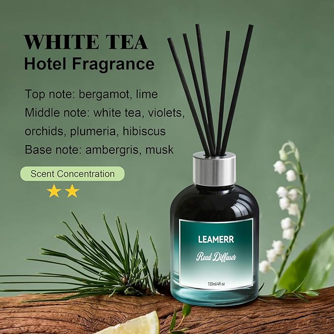 Reed Diffuser Sets, 4oz (120mL)- White Tea Reed Diffuser Oils, with 5 Reed Sticks, Home Fragrance Reed Diffuser for Bathroom Shelf Decoration.