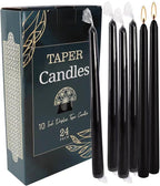 24 Pack Black Taper Candles, 7-8 Hours Burn Time, Unscented, Smokeless and Dripless, 0.75 x 10 Inch Dinner Candle Set for Halloween, Household, Wedding, Party and Home Décor Candlesticks