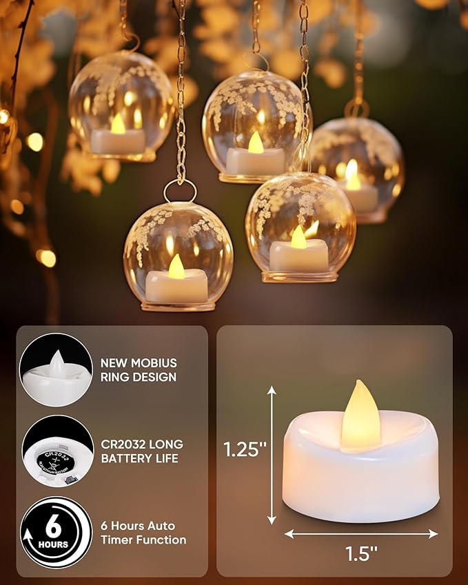 Fake Candles, 12Pack Timer Flameless Candle, LED Tea Lights Candles, Battery Operated Votives with 6 Hours Timer Auto for Halloween Christmas Wedding Decor-1.5'' D X 1.25'' H, Warm Yellow