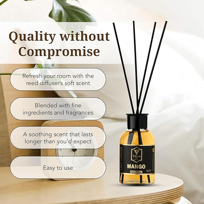 Reed Diffuser Set with Sticks for Home – Bathroom, Bedroom & Office Aromatherapy – Long Lasting Scented Oil Diffuser with Sticks – Luxury Room Fragrance Diffuser, Non-Toxic 110 ml (Mango-Oud-Istanbul)