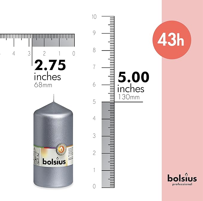 BOLSIUS 8 Silver Pillar Candles Metallic - 2.75 x 5 Inches - Premium European Quality - Individually Wrapped - 43 Hours Burn Time - Dripless & Smokeless - Unscented Dinner, Wedding & Decor Candles