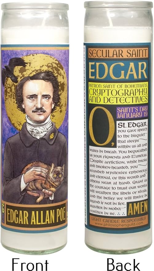 The Unemployed Philosophers Guild Edgar Allan Poe Secular Saint Candle - Unscented 8 Inch Tall Glass Prayer Votive, Made in The USA, Vegetarian Wax