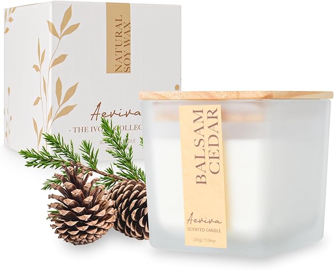 Scented Candle, 7.04 oz Balsam Cedar Aromatherapy Candle, Natural Soy Wax with Wooden Wick, Candles for Home, 45 Hours Burn Time, Scented Jar Candle Gifts