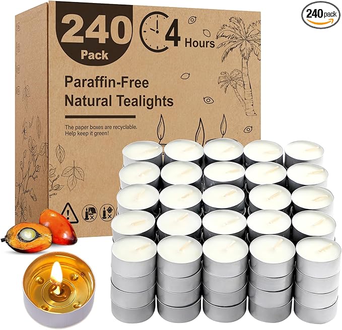 Unscented Tea Lights Candles 240 Pack, 4 Hours Long Burning,White Tea Candles Bulk, Bright Burn with Palm Wax,Smokeless Tealight Candles for Wedding,Centerpiece,Christmas Lights,Home Decorative